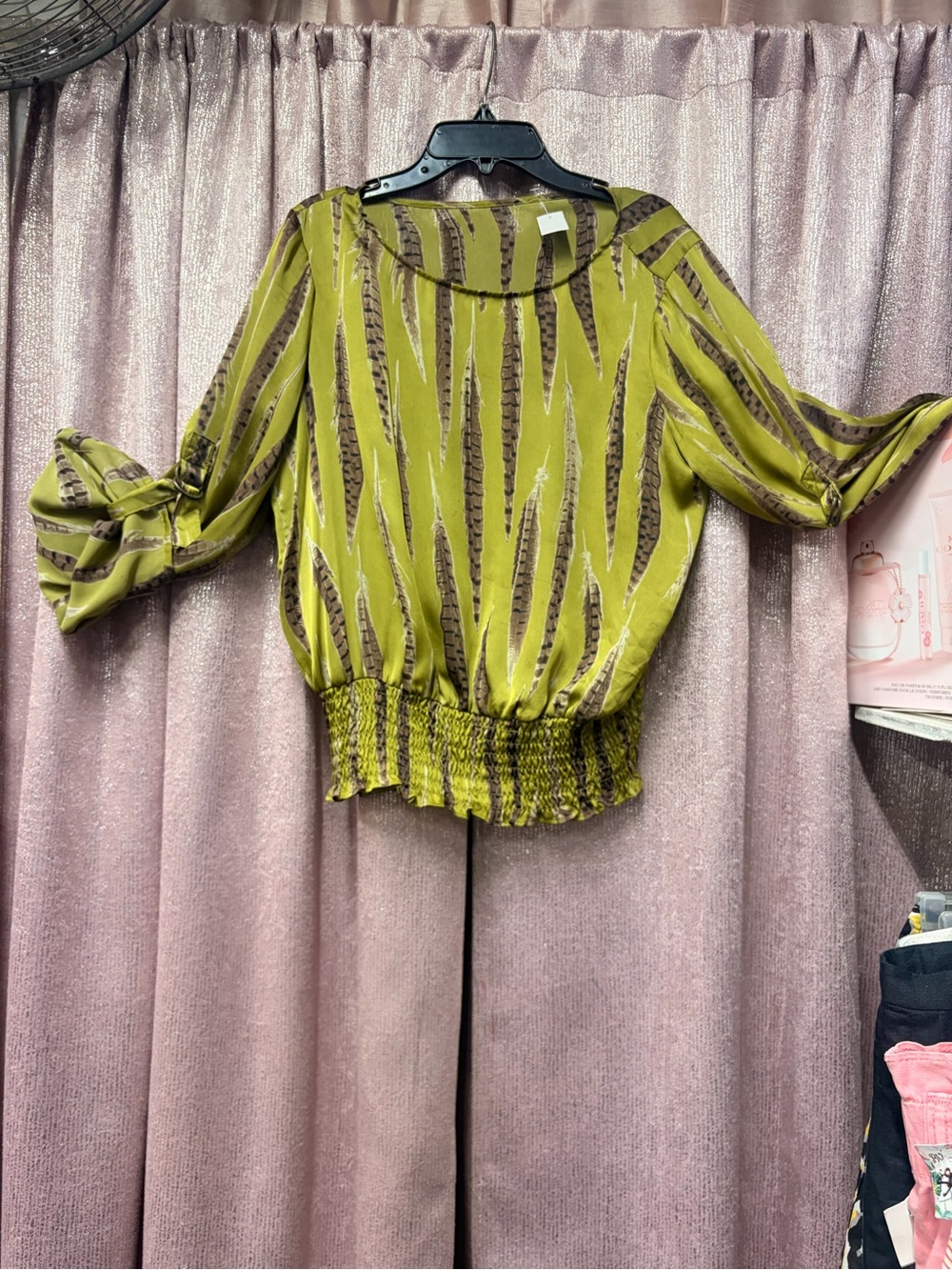 Women's Olive Green Printed Elastic-Hem Blouse